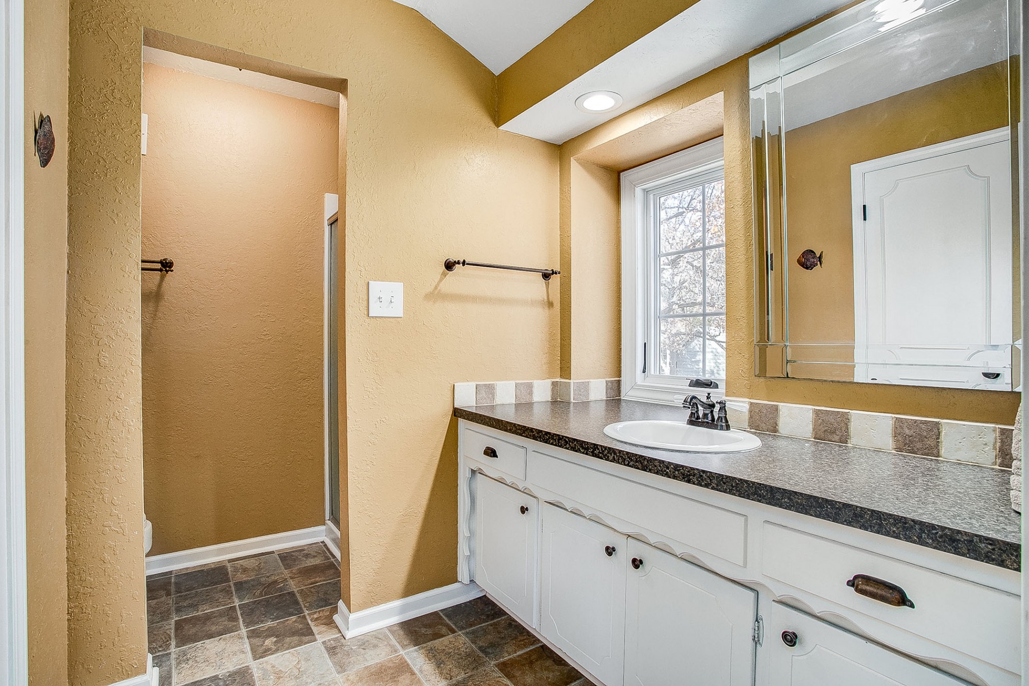 Master bath with vaulted ceiling, expansive vanity and walk-in shower.